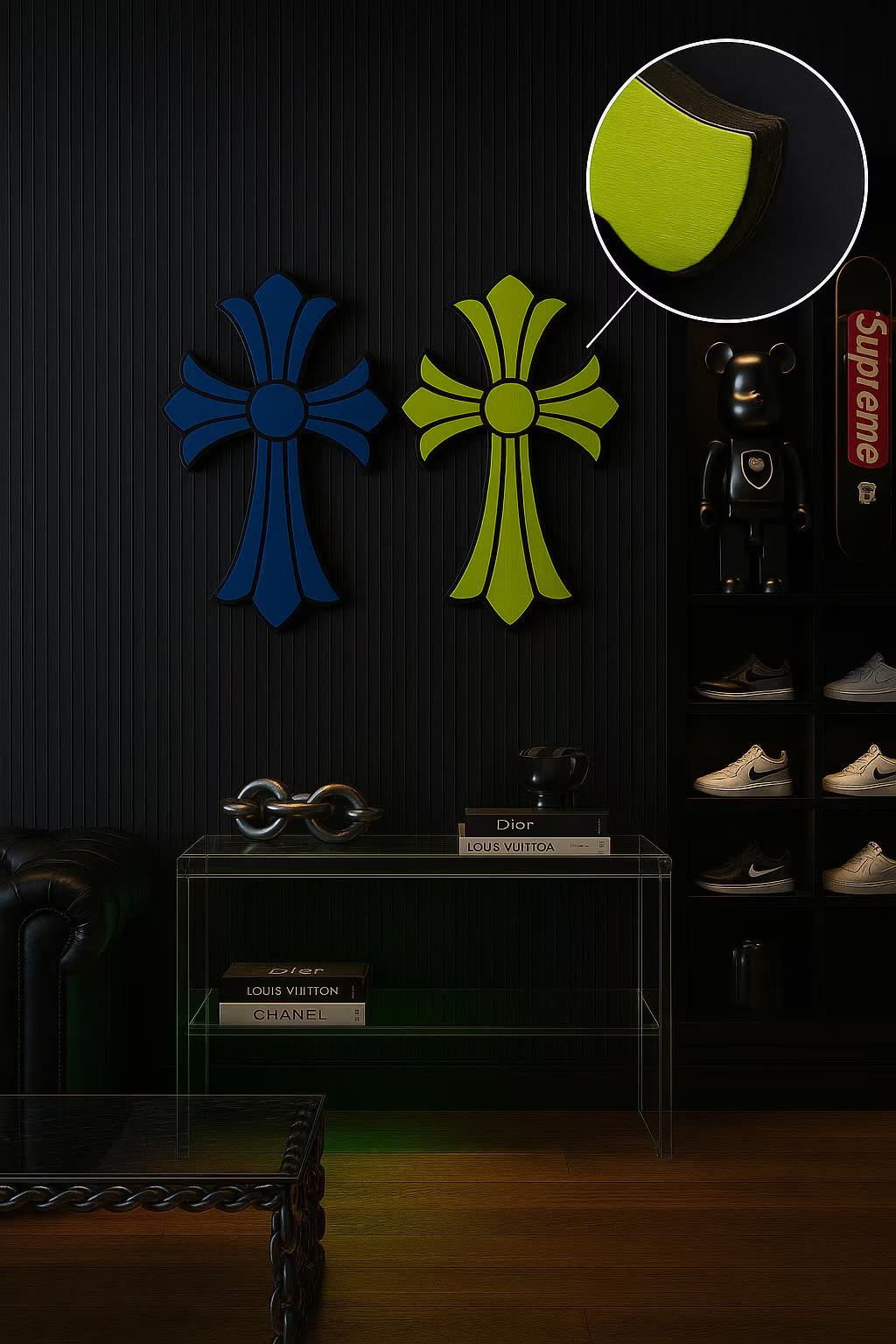 Big Cross wall decor — two crosses, blue and yellow-green, on a dark wall.