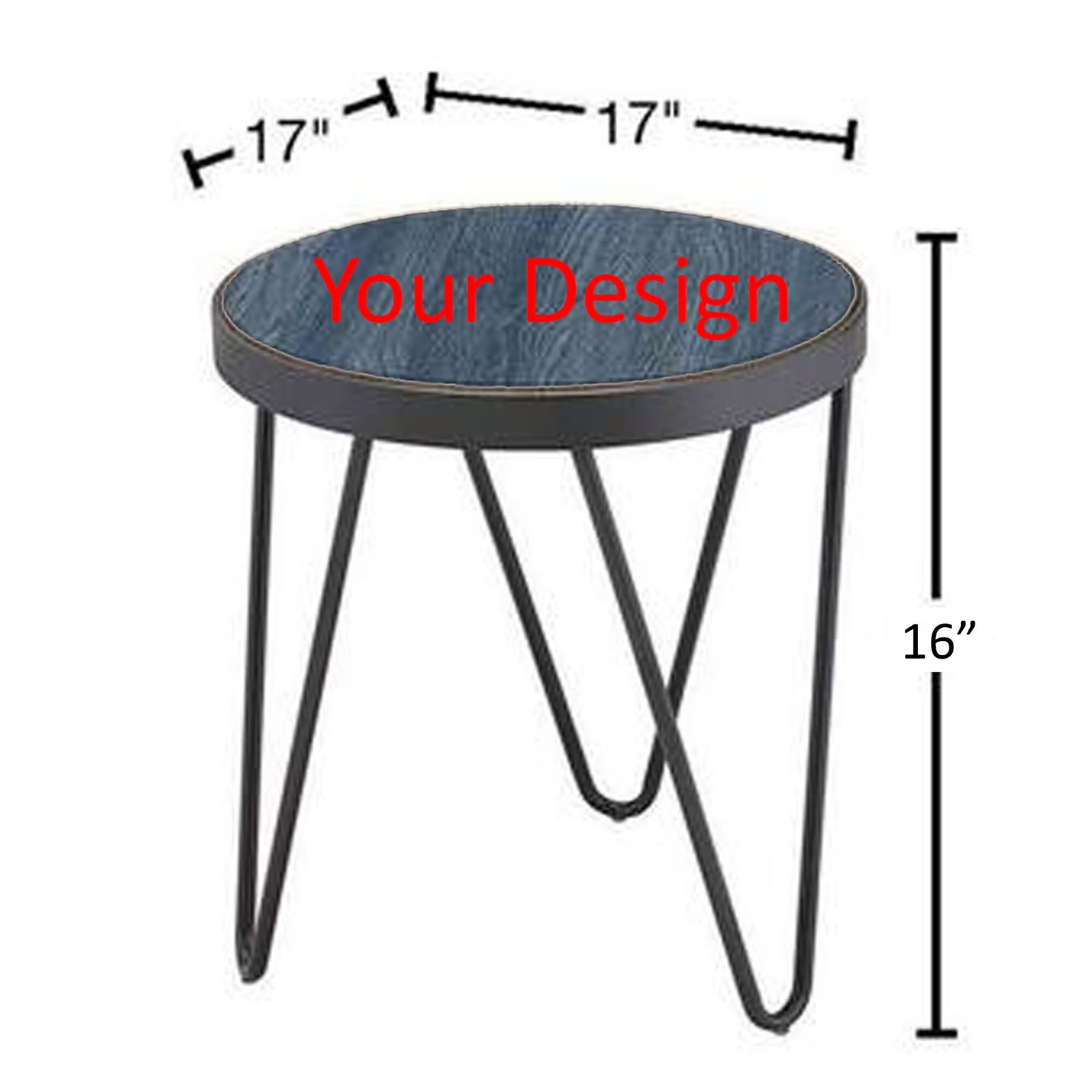 Customize your table — a line diagram of a hairpin-leg table, marked 17 inches and 16 inches.
